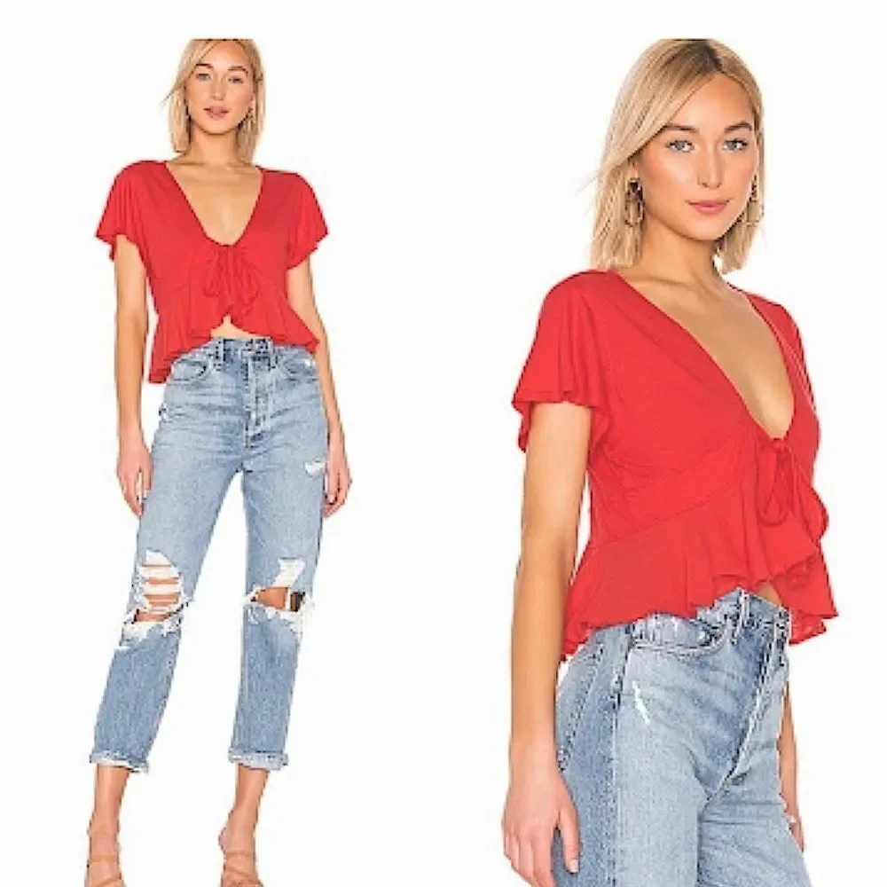 Free People We the Free Knot Me Red Tie-Front Crop Top